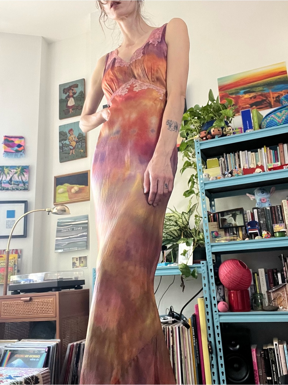 40s Silk Tie-Dye Lace-Trim Maxi Slip Dress in Multicolor